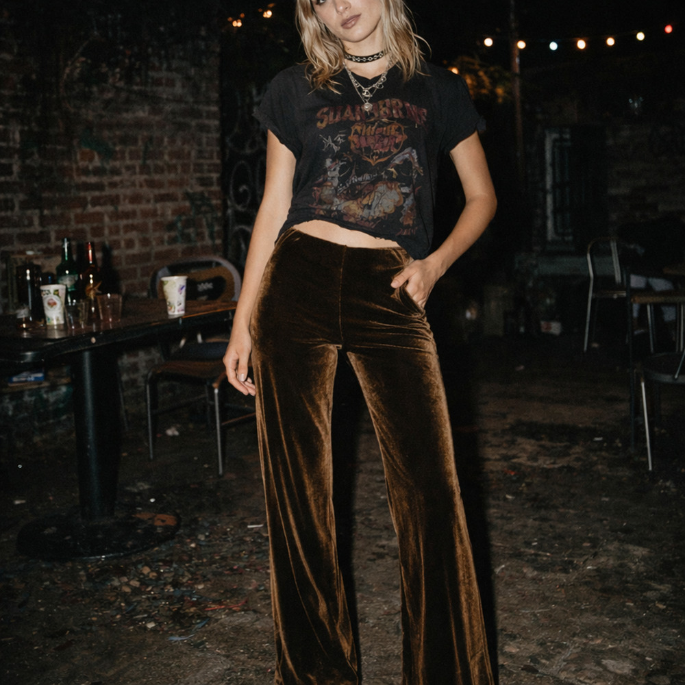 Brown Velvet Burnout Indie Sleaze Wide Leg Stretch Pants Sz Small NWT High Waist
